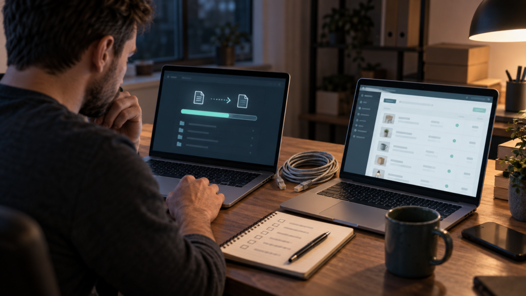 Programista przenosi stronę WordPress na inny serwer, dwa laptopy i lista kontrolna migracji