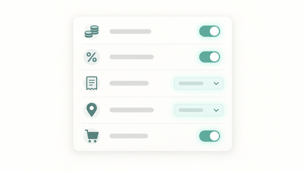 Schemat pięciu ustawień WooCommerce dla polskiego sklepu: waluta, podatek w cenach, stawki VAT, adres, typ kasy