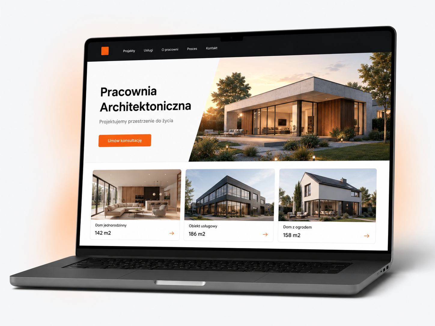 Strona internetowa dla architekta z wizualizacją nowoczesnego domu i miniaturami projektów z metrażem