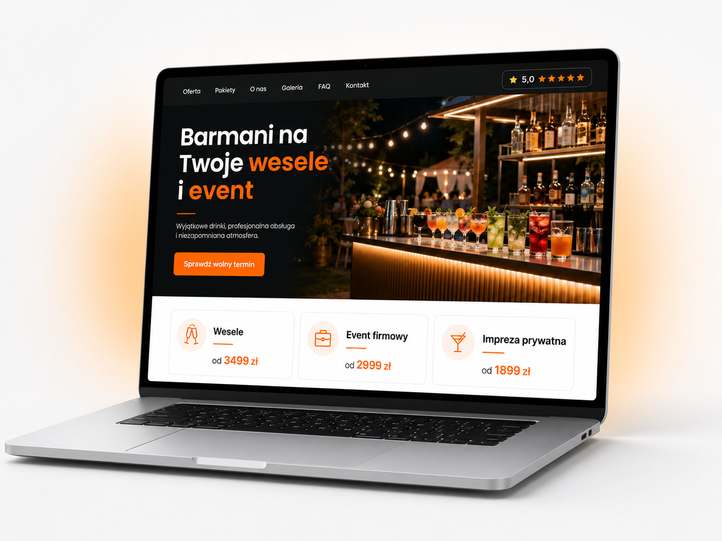 Strona internetowa dla barmanów z mobilnym barem na przyjęciu, pakietami i przyciskiem sprawdzenia terminu