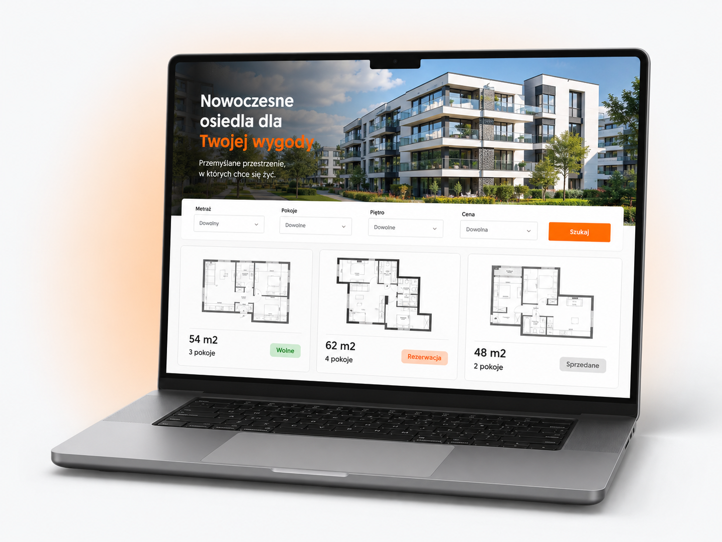 Strona internetowa dla dewelopera z wyszukiwarką mieszkań, filtrami metrażu i statusami dostępności lokali