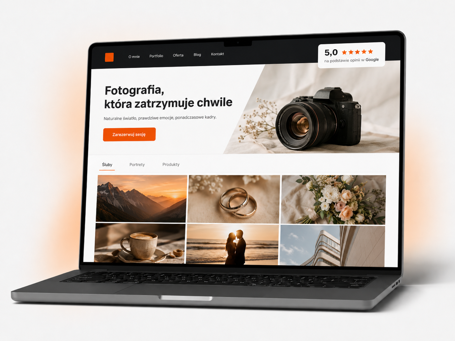 Strona internetowa dla fotografa z mozaikowym portfolio, kategoriami sesji i przyciskiem rezerwacji