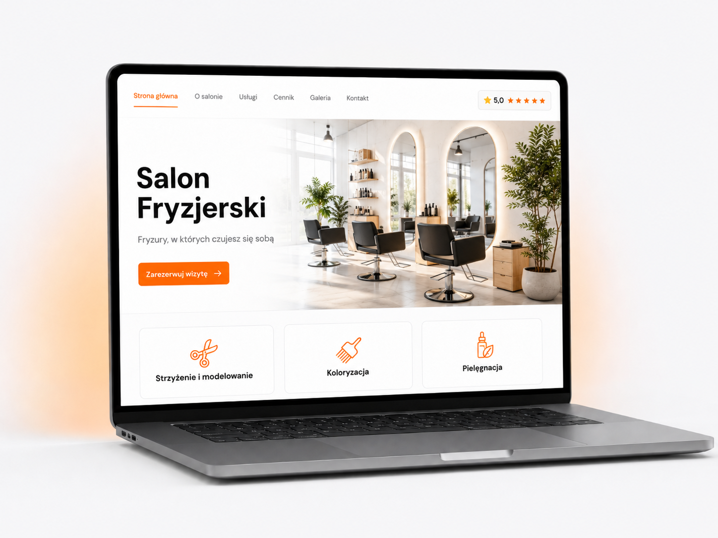 Strona internetowa dla salonu fryzjerskiego z wnętrzem salonu, usługami i przyciskiem rezerwacji wizyty
