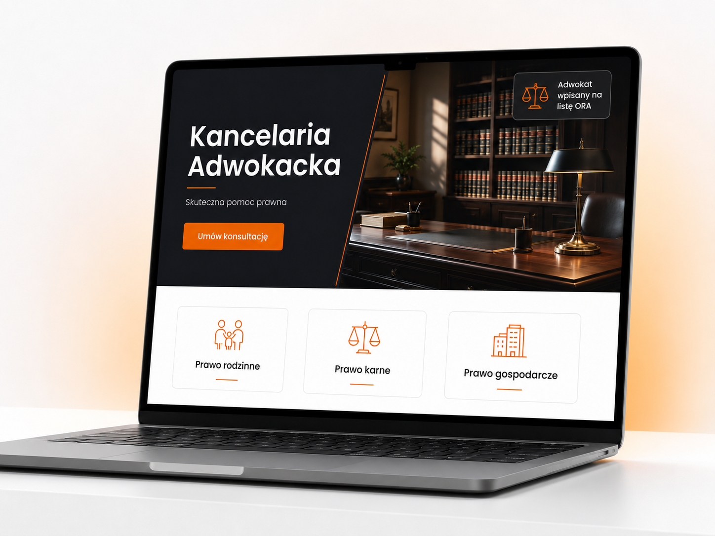 Strona internetowa dla kancelarii adwokackiej ze specjalizacjami prawnymi i przyciskiem umówienia konsultacji