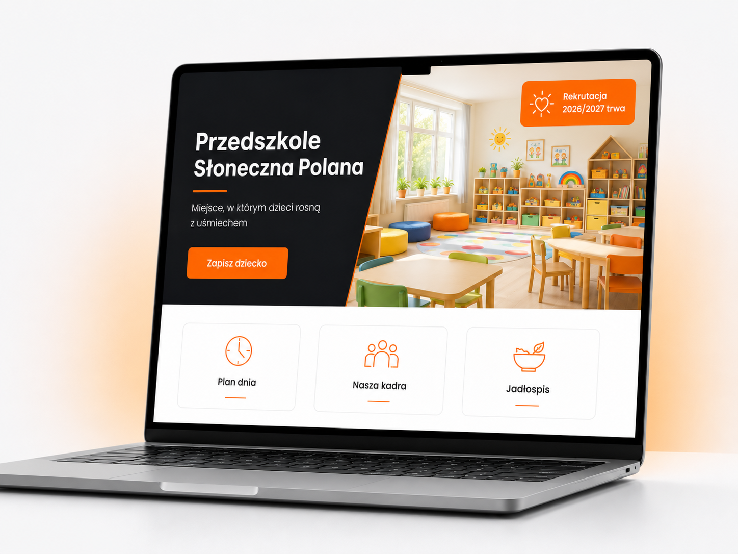 Strona internetowa dla przedszkola z zapisami online, planem dnia, kadrą i jadłospisem