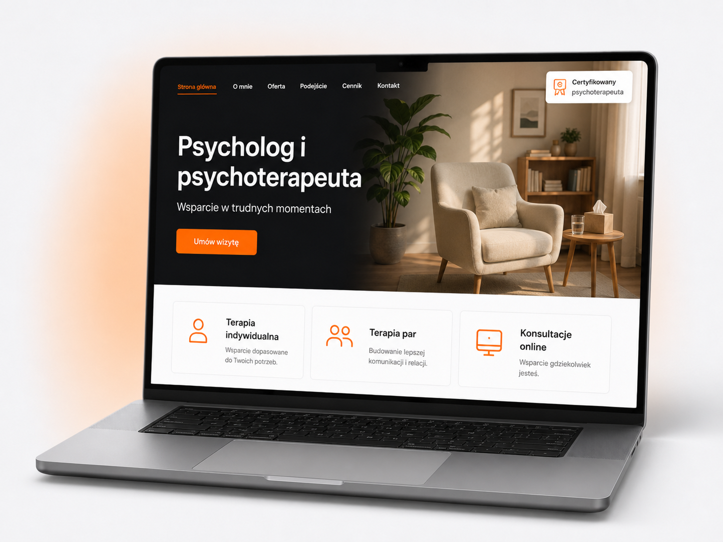 Strona internetowa dla psychologa z prezentacją specjalizacji, zdjęciem gabinetu i przyciskiem umówienia wizyty