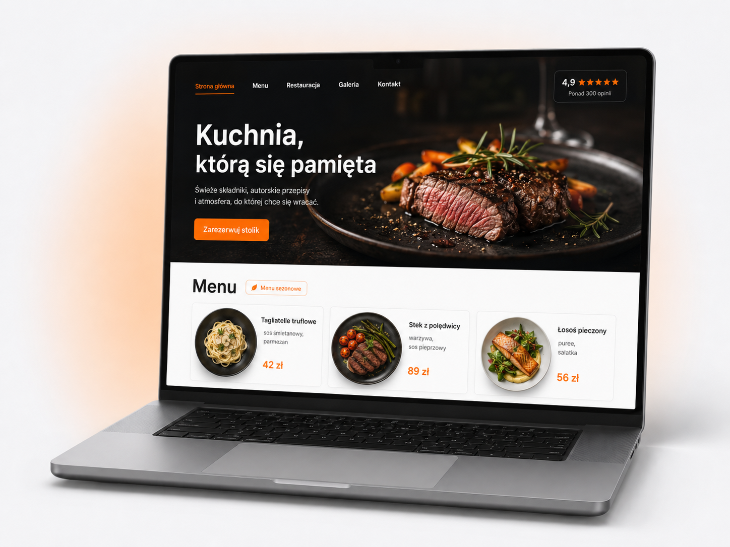 Strona internetowa dla restauracji z menu online, przyciskiem rezerwacji stolika i oceną Google