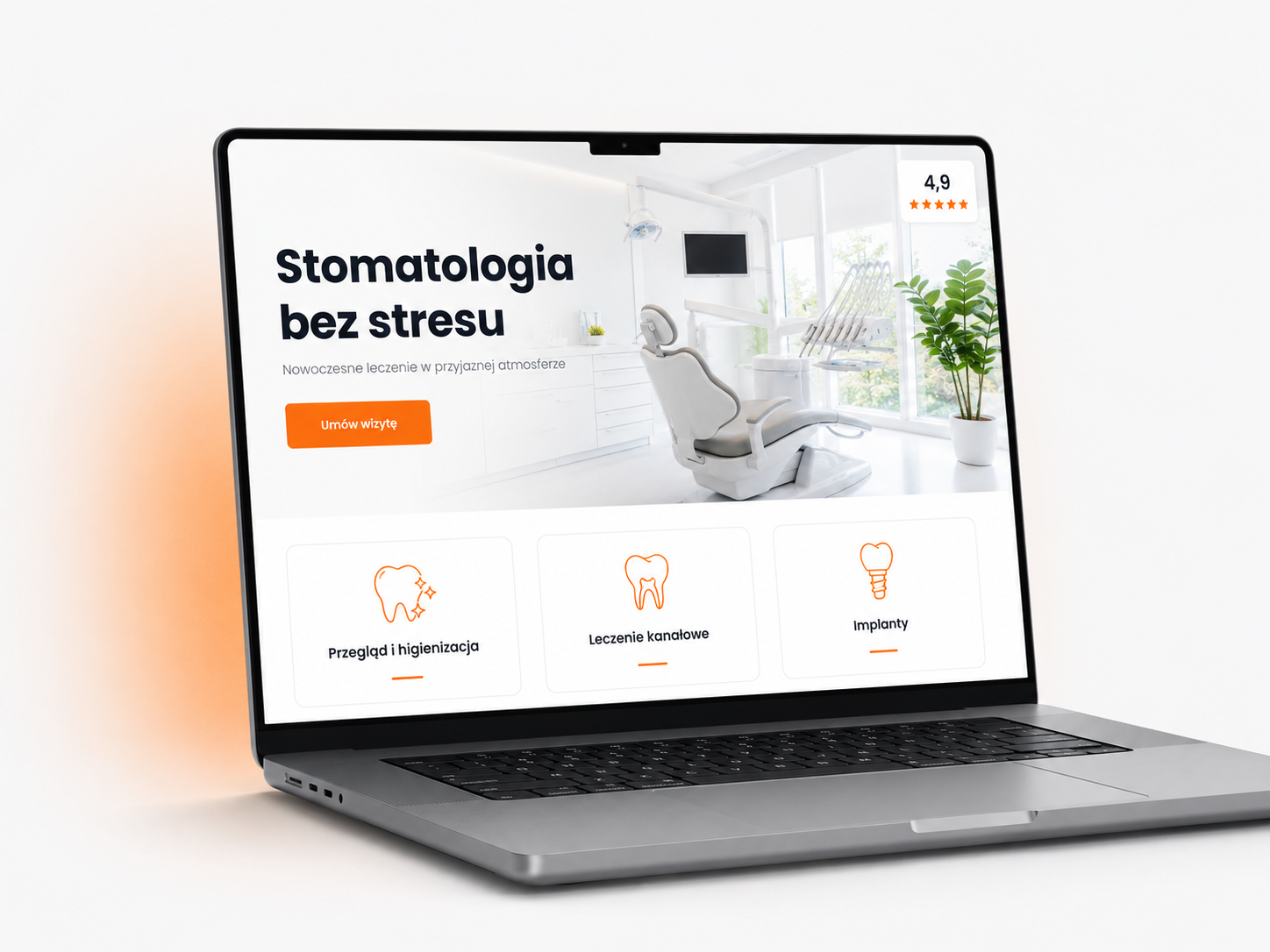 Strona internetowa dla gabinetu stomatologicznego z rejestracją wizyt, usługami i oceną Google