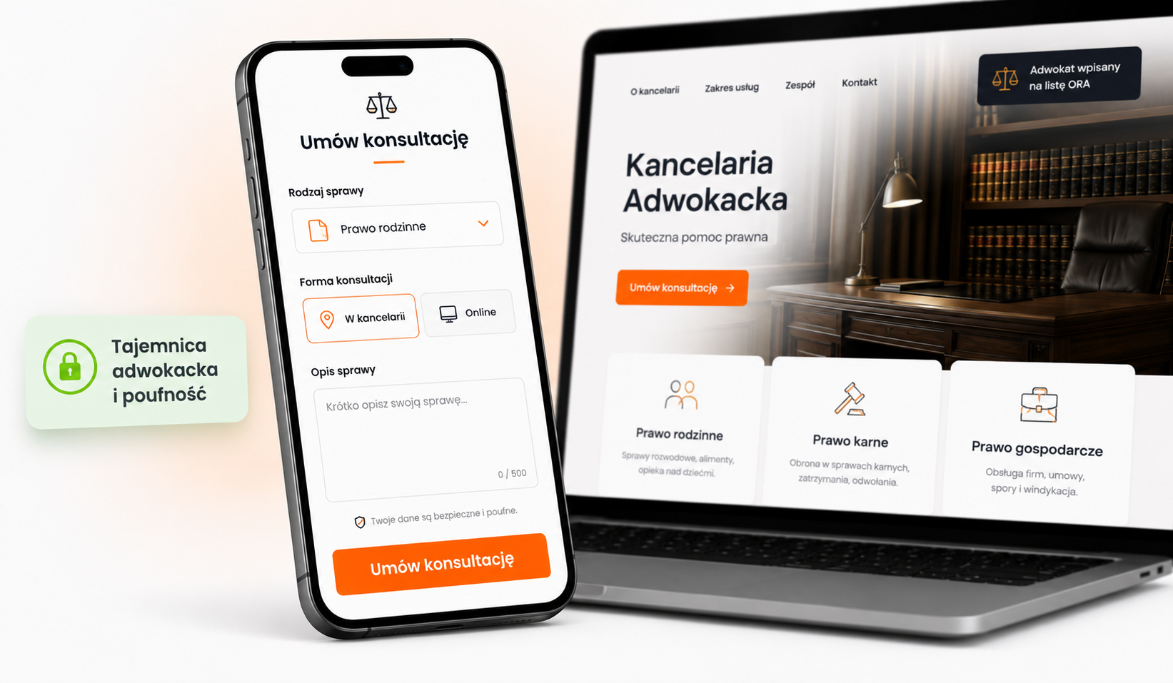 Formularz umówienia konsultacji prawnej na stronie kancelarii z wyborem rodzaju sprawy i formy spotkania
