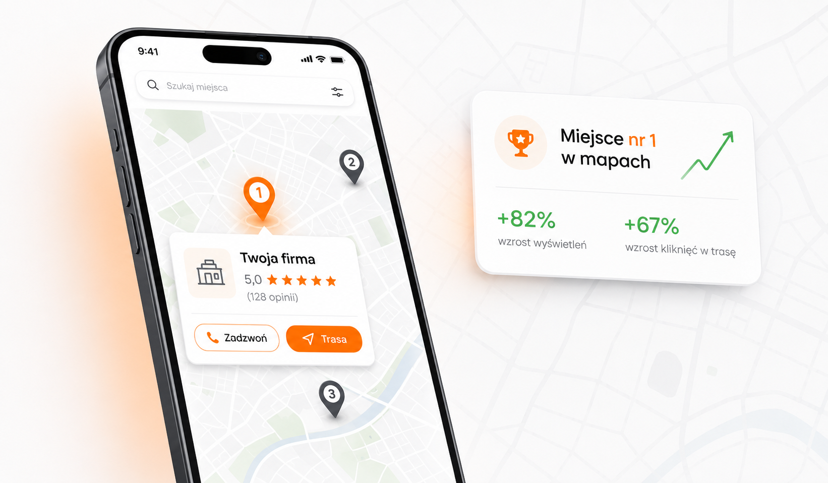 Lokalne wyniki wyszukiwania na mapie: wizytówka firmy z oceną 5,0 na pierwszym miejscu w mapach Google
