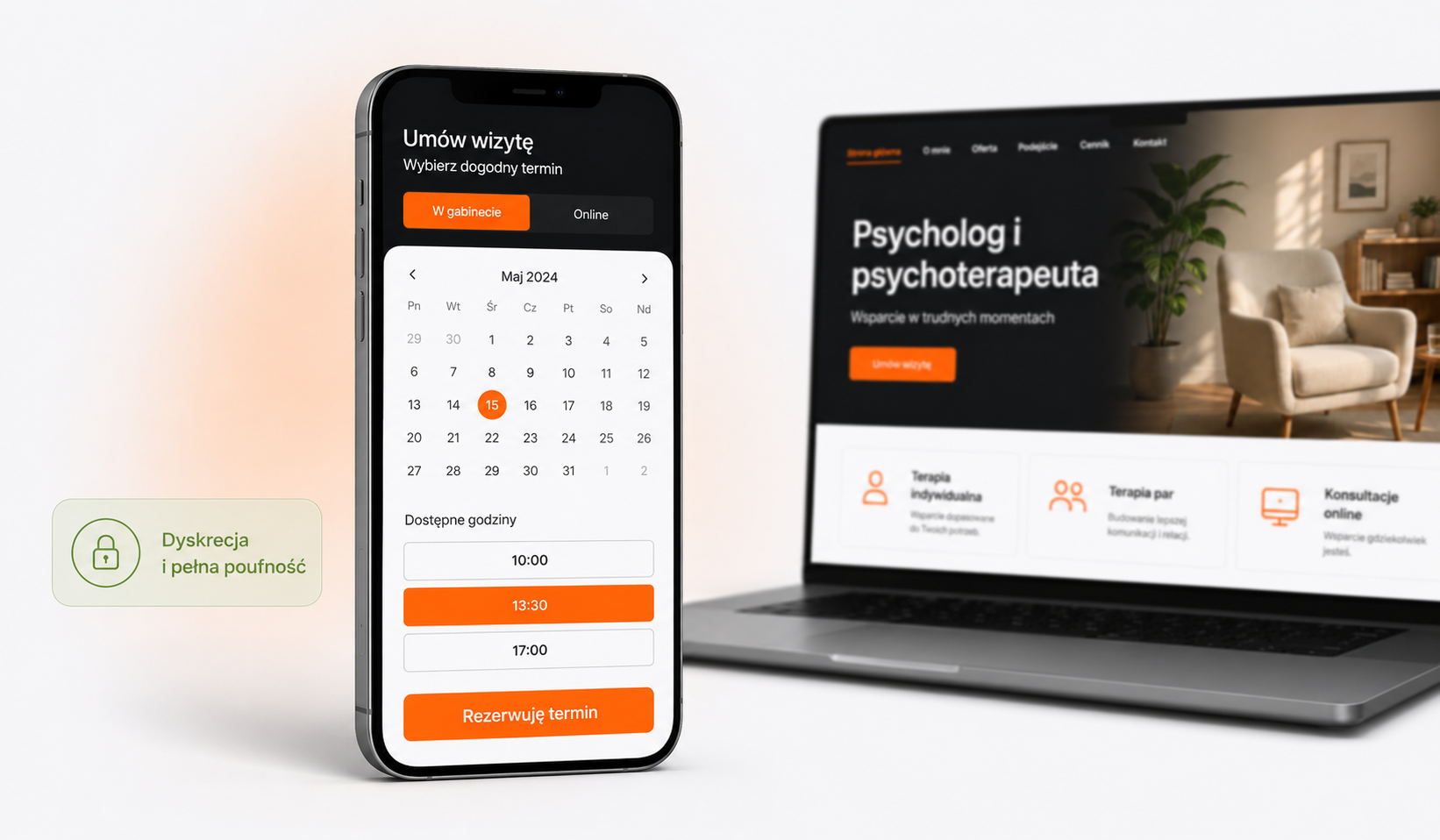 Rejestracja wizyty online na stronie psychologa: wybór formy w gabinecie lub online, kalendarz i wolne godziny