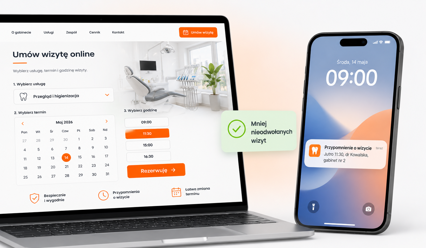 Rejestracja wizyty online w gabinecie stomatologicznym i przypomnienie o wizycie na telefonie pacjenta