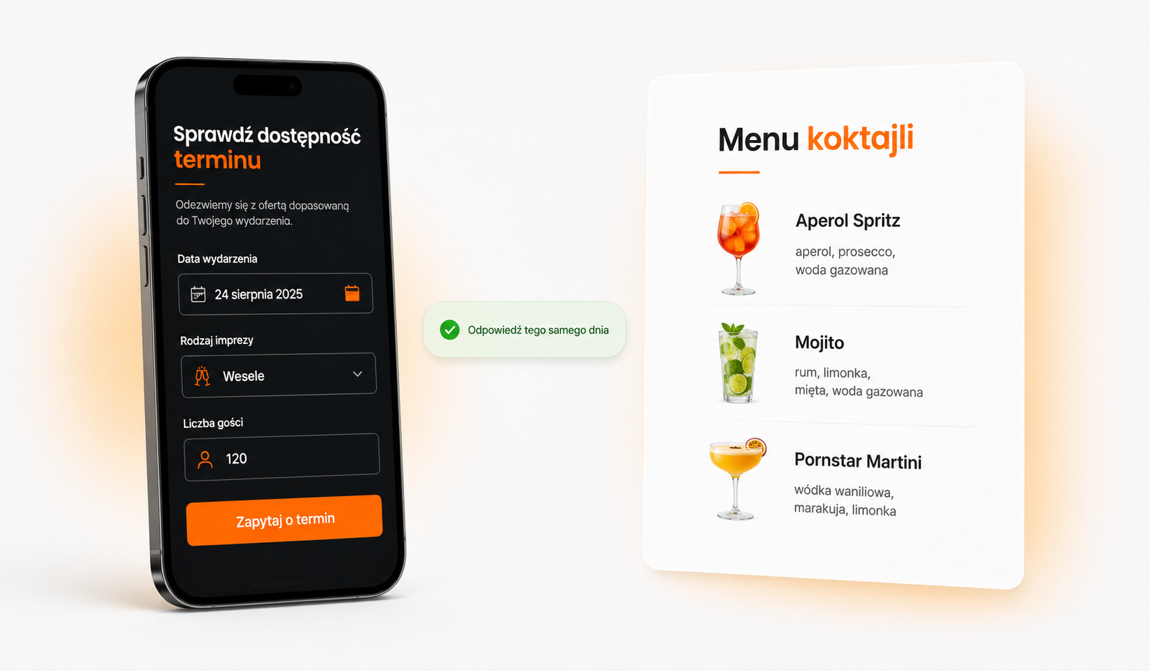 Formularz zapytania o termin usługi barmańskiej z datą i liczbą gości oraz menu koktajli