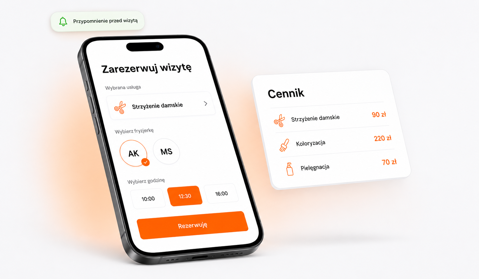 Rezerwacja wizyty w salonie fryzjerskim na telefonie z wyborem fryzjerki i godziny oraz cennik usług
