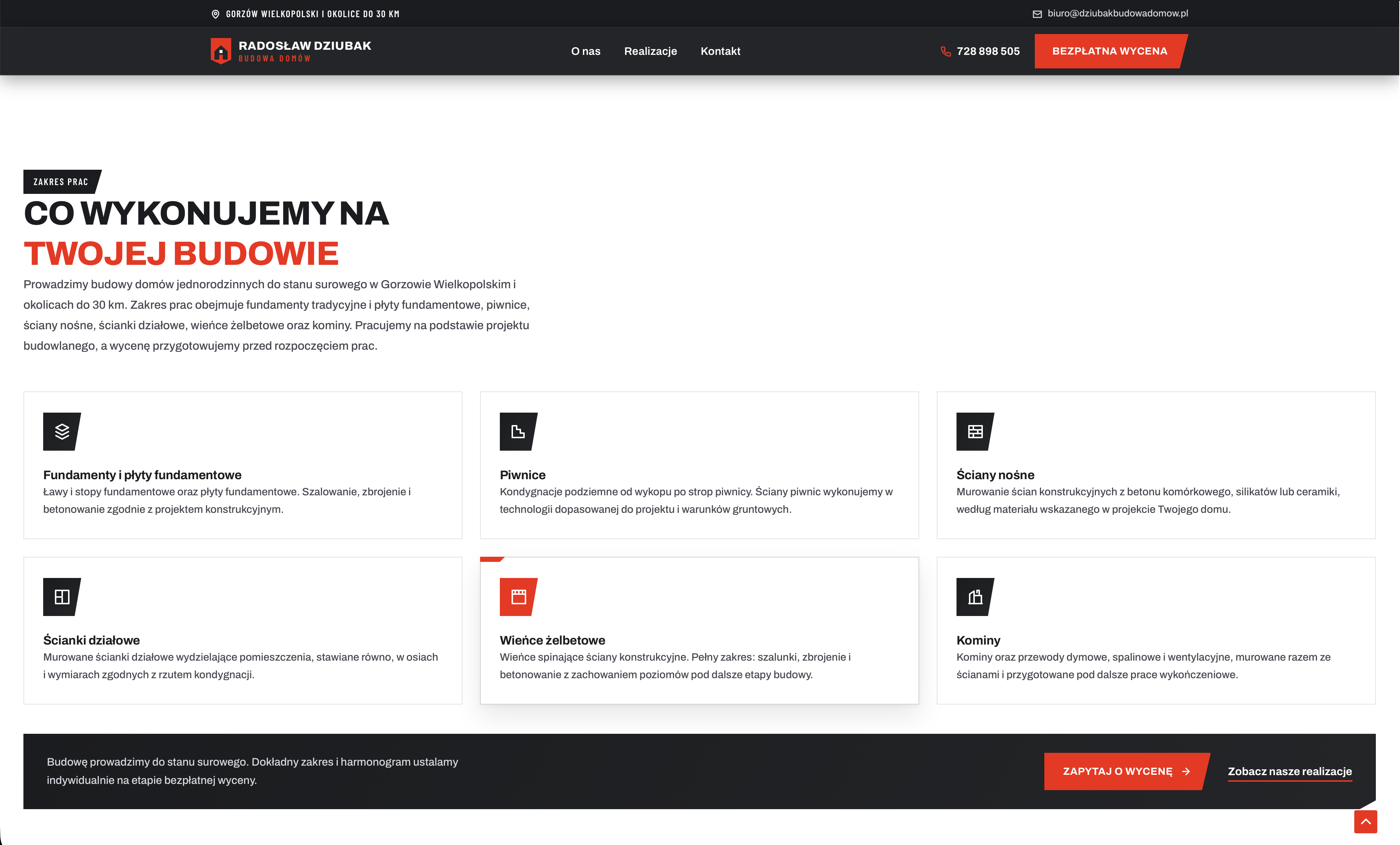 Sekcja zakresu prac na stronie internetowej firmy budowlanej: fundamenty, piwnice, ściany nośne, ścianki działowe, wieńce i kominy