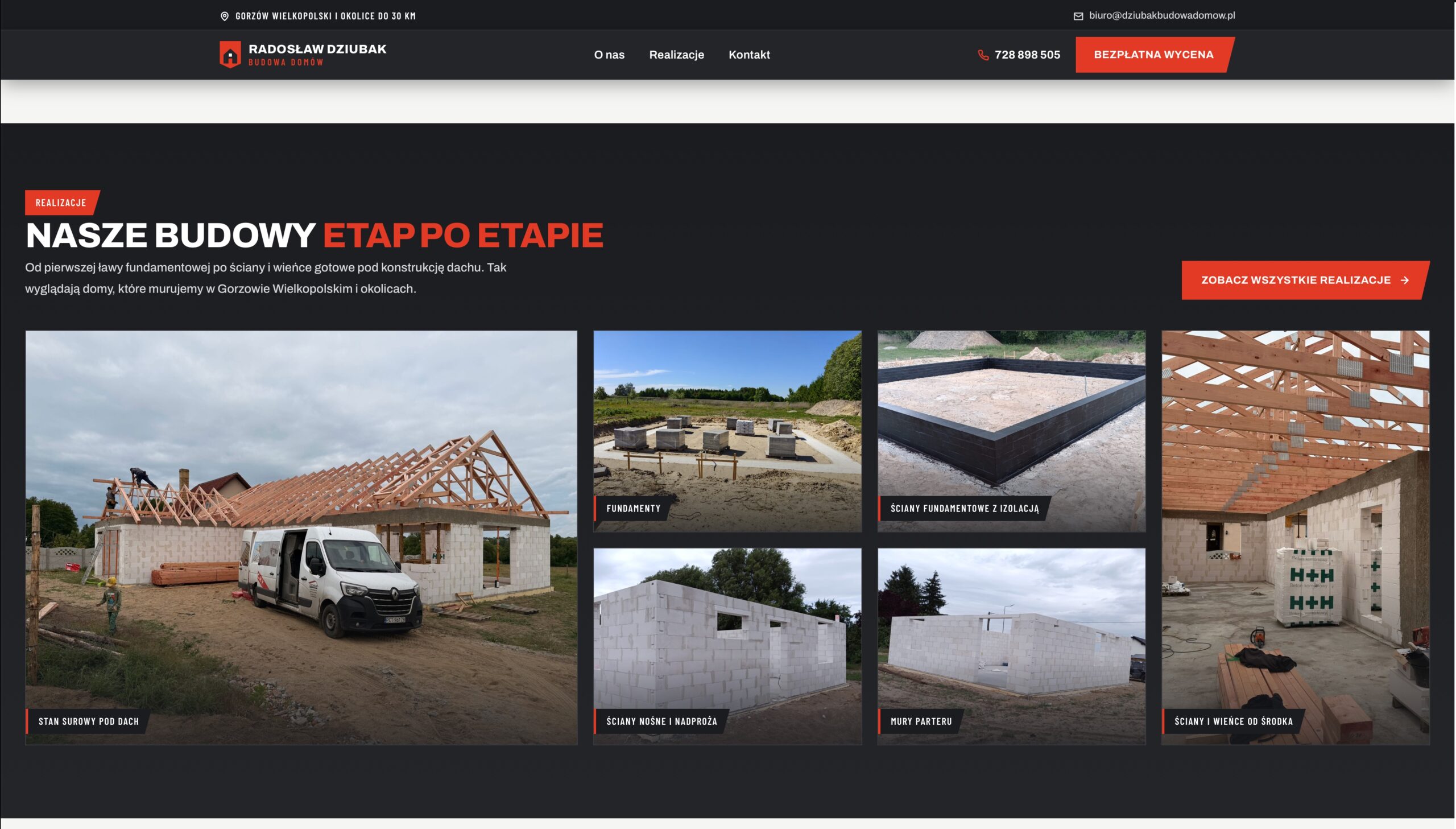 Galeria realizacji firmy budowlanej z podpisanymi etapami budowy od fundamentów po stan surowy pod dach