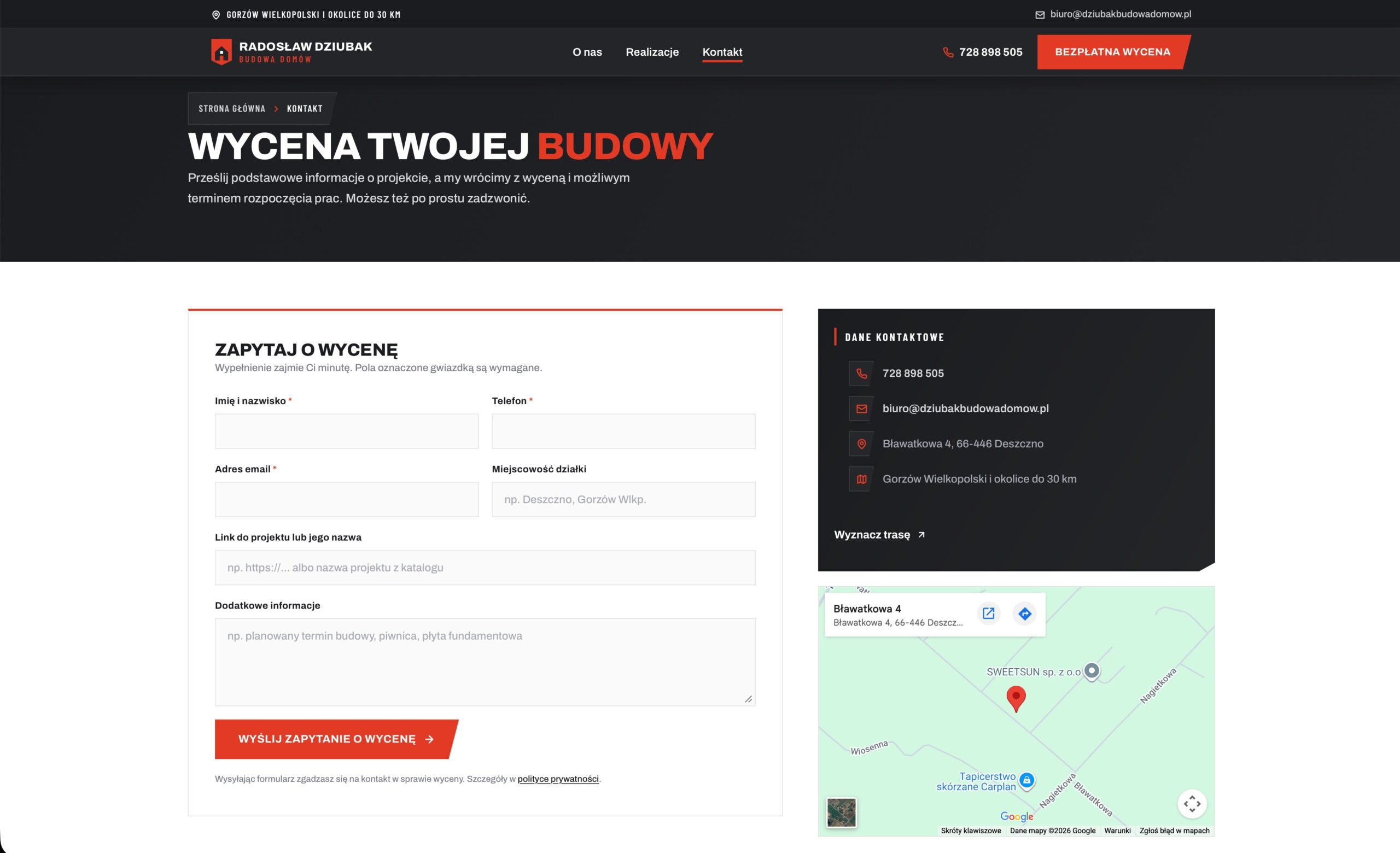 Strona kontaktu z formularzem wyceny budowy domu, danymi firmy i mapą dojazdu do siedziby w Deszcznie
