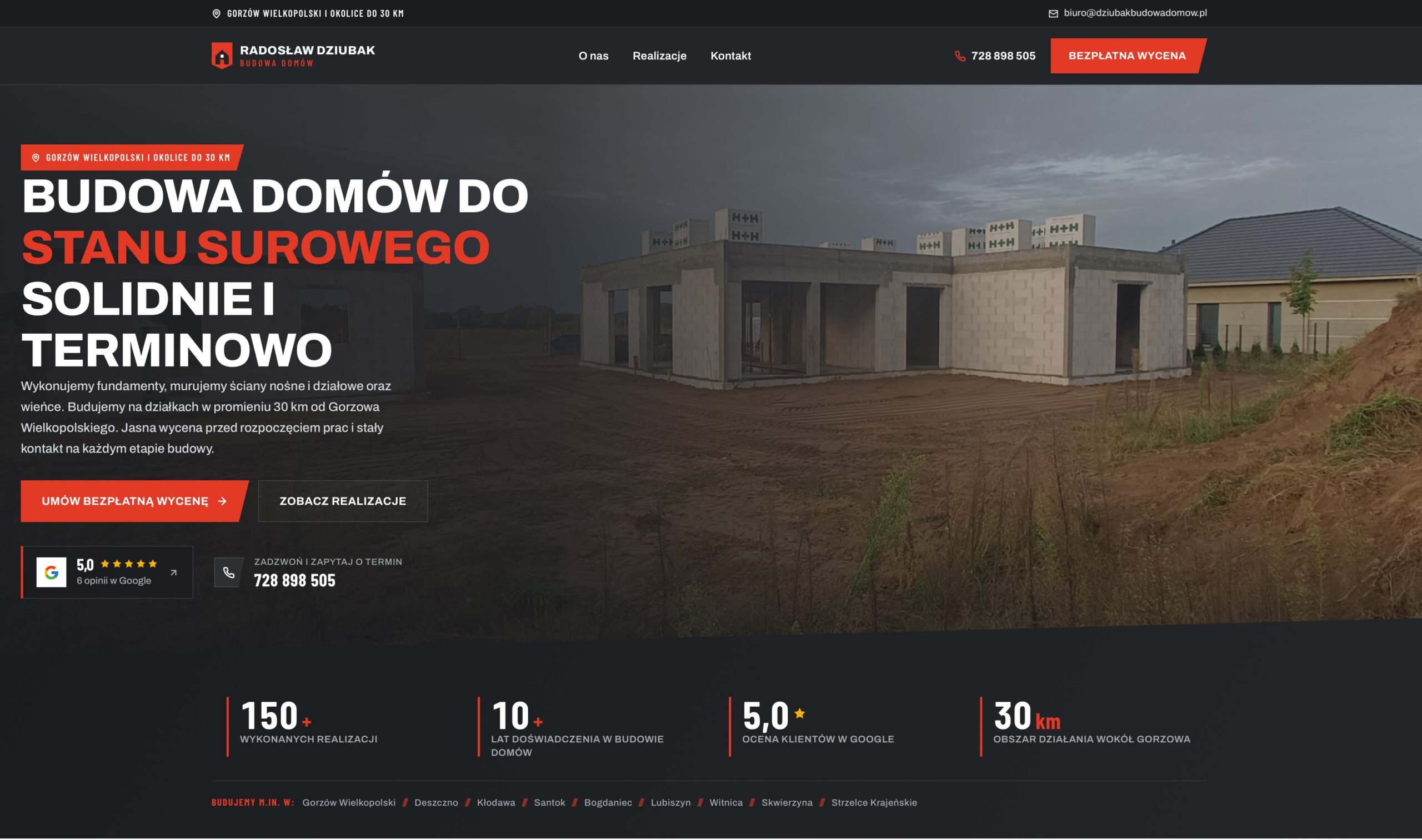 Strona internetowa dla firmy budowlanej Dziubak Budowa Domów, widok strony głównej z hasłem budowa domów do stanu surowego