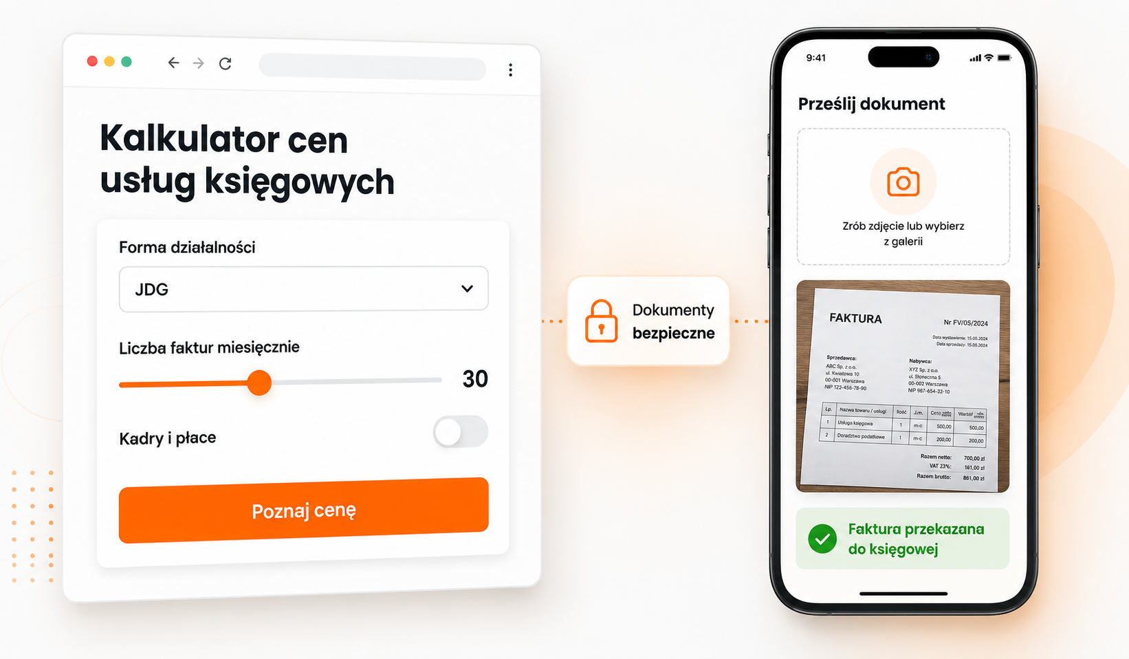 Kalkulator wyceny księgowości z wyborem formy działalności i przekazywanie faktury zdjęciem z telefonu