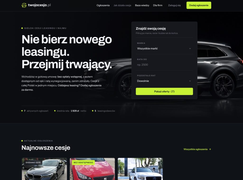 Strona główna portalu twojacesja.pl z wyszukiwarką cesji leasingu