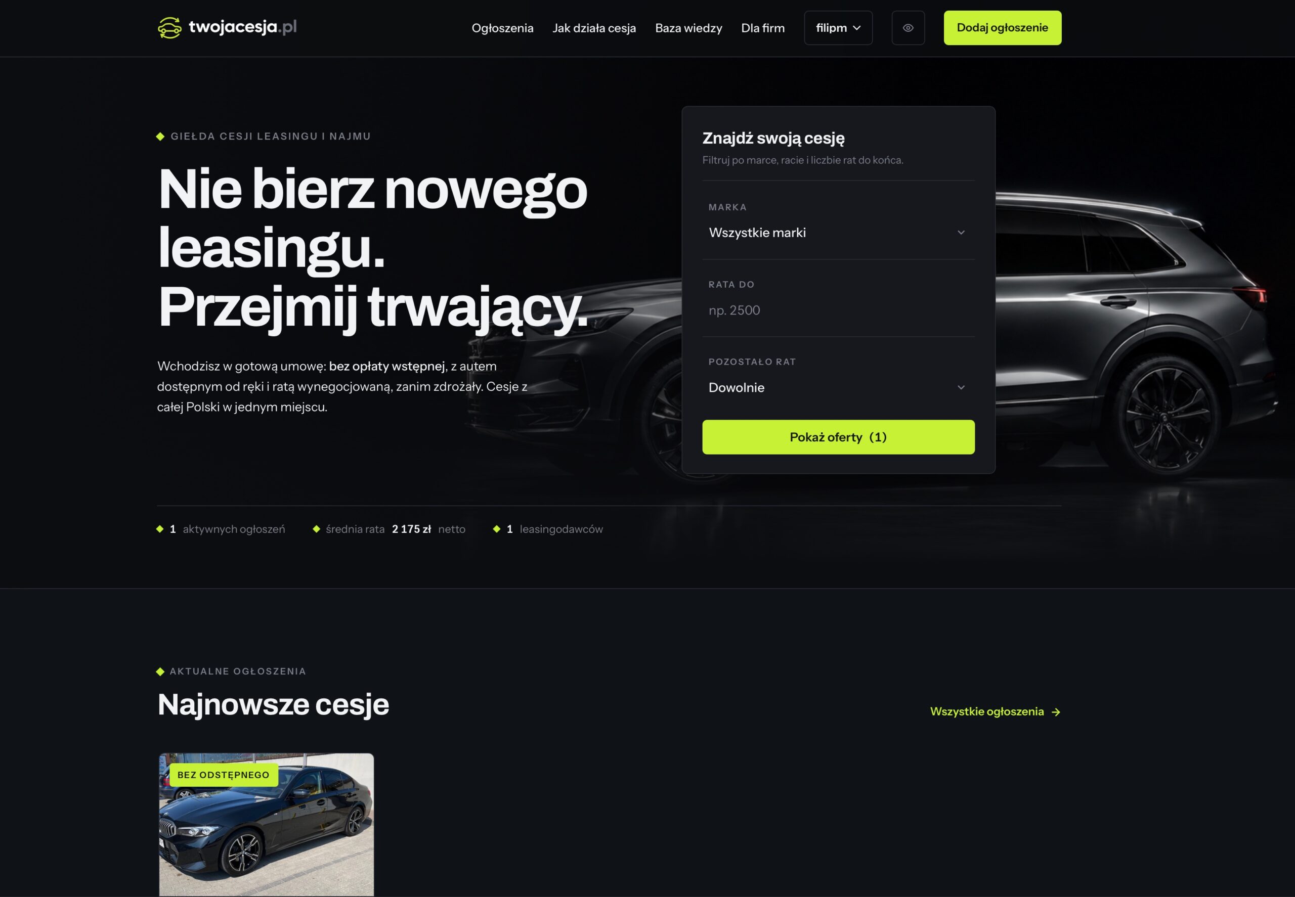 Strona główna portalu ogłoszeniowego twojacesja.pl z wyszukiwarką cesji leasingu i filtrami