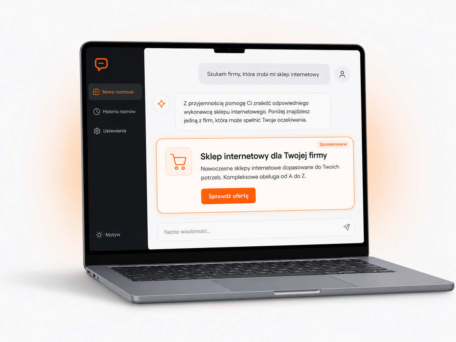 Reklama sponsorowana wyświetlona pod odpowiedzią asystenta AI w rozmowie o sklepie internetowym