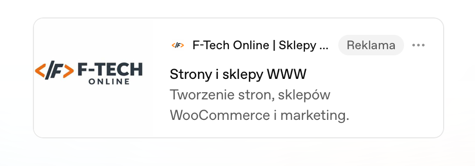 Reklama F-Tech Online w ChatGPT z logo, nagłówkiem o stronach i sklepach oraz oznaczeniem Reklama